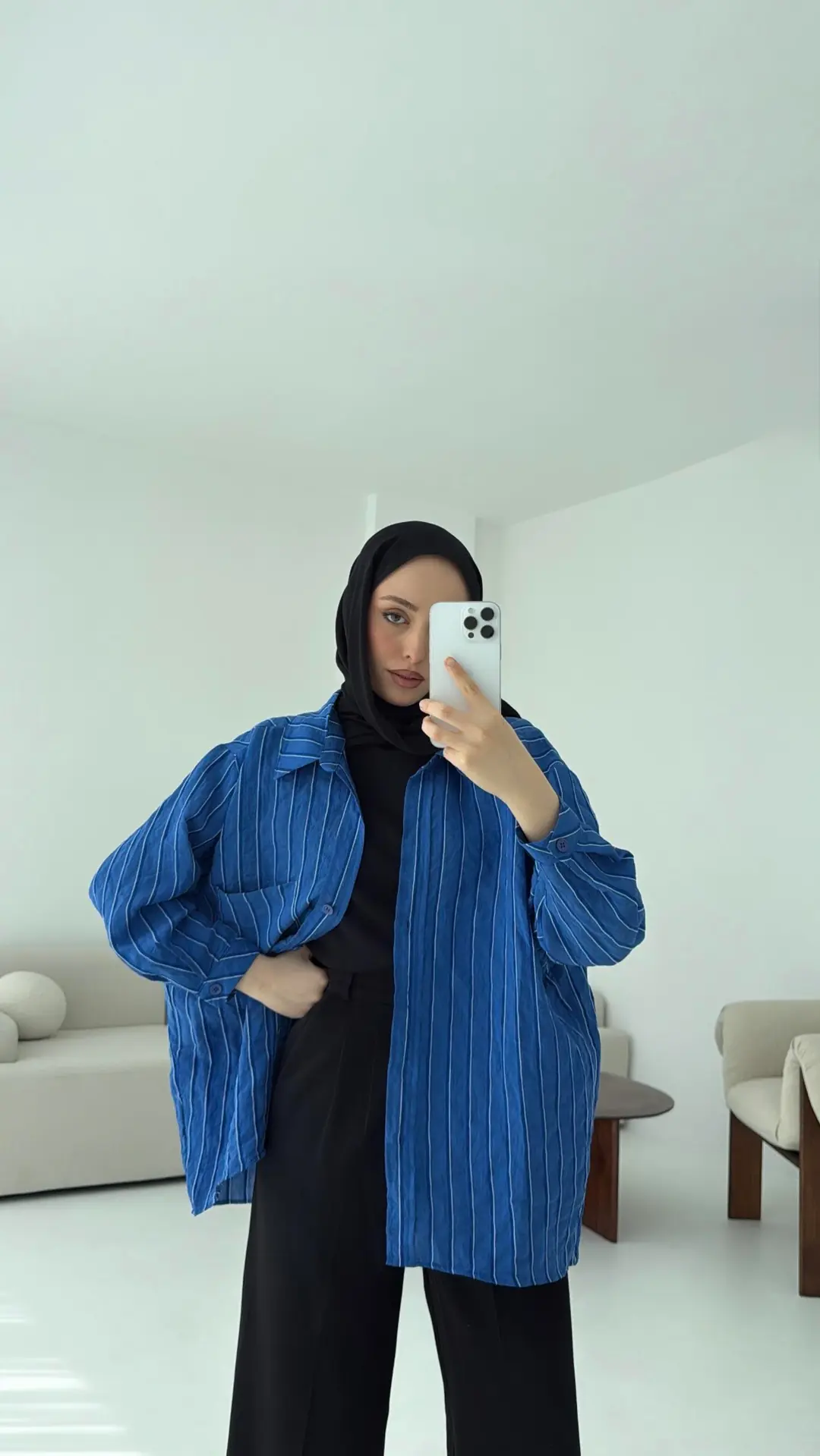 Düşük Omuz Çizgili Gömlek Saks Mavi - Görsel 3