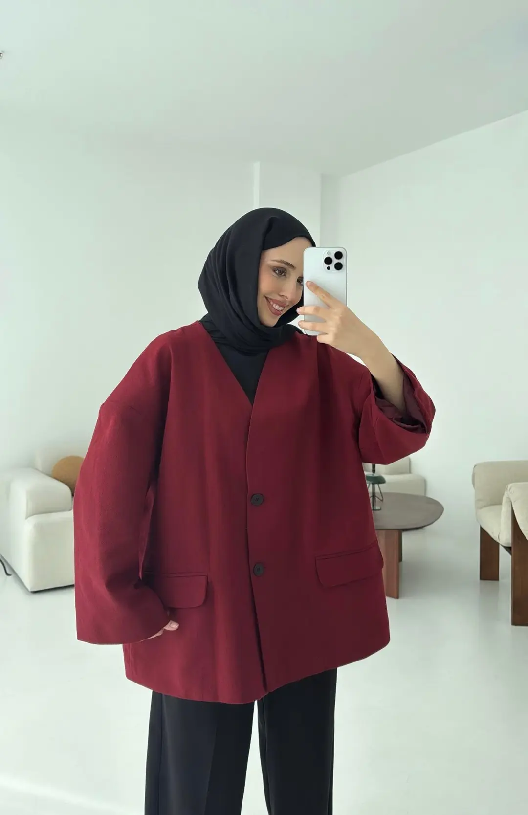 Düşük Omuz Oversize Bordo Ceket - Görsel 5
