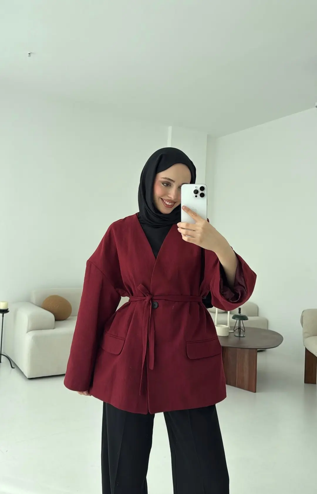 Düşük Omuz Oversize Bordo Ceket - Görsel 6