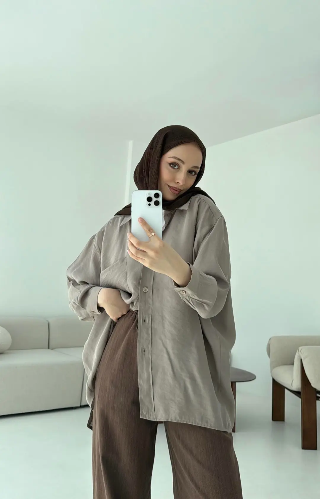 Düşük Omuz Oversize Gömlek Açık Vizon - Görsel 2