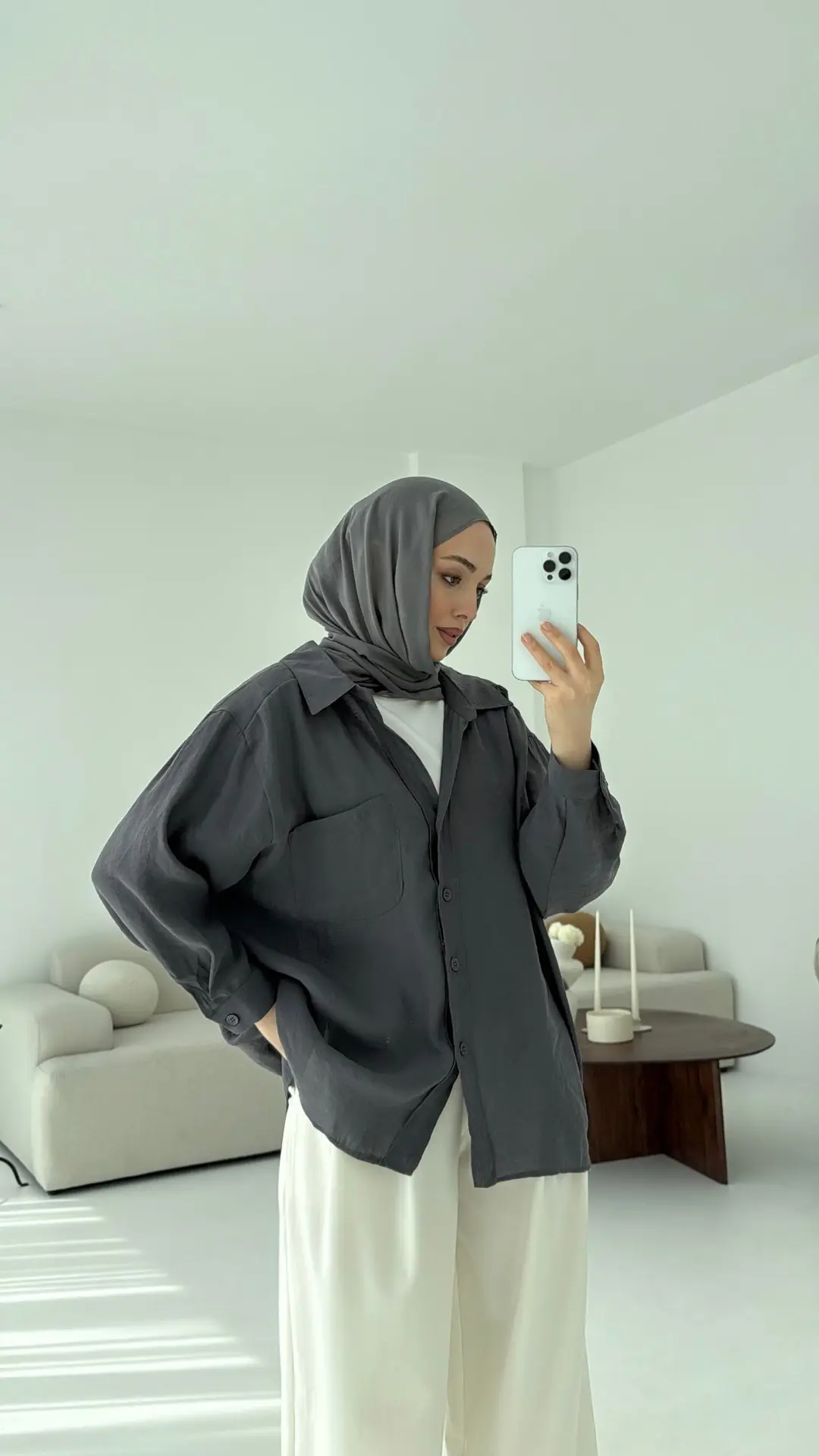 Düşük Omuz Oversize Gömlek Antrasit - Görsel 2