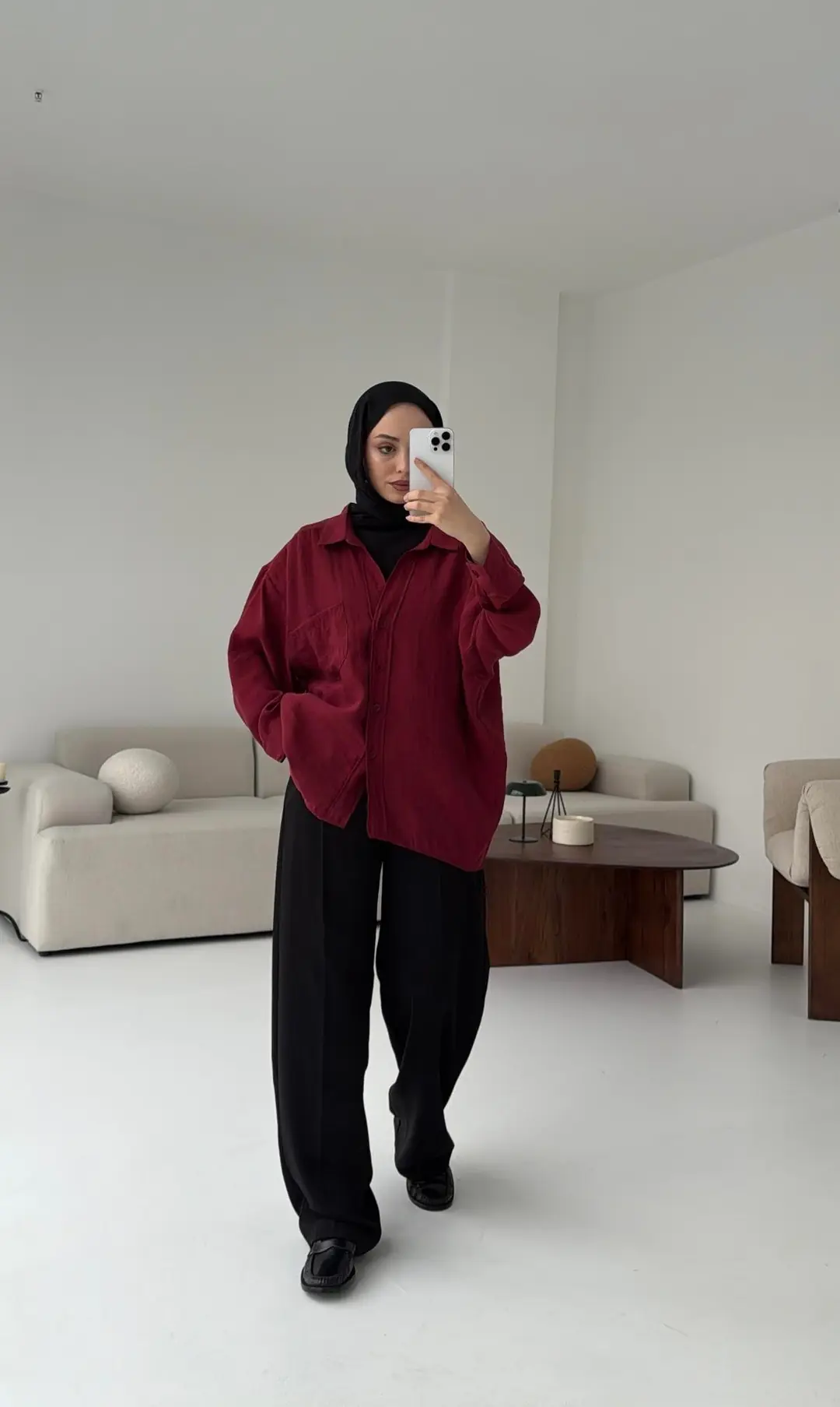 Düşük Omuz Oversize Gömlek Bordo