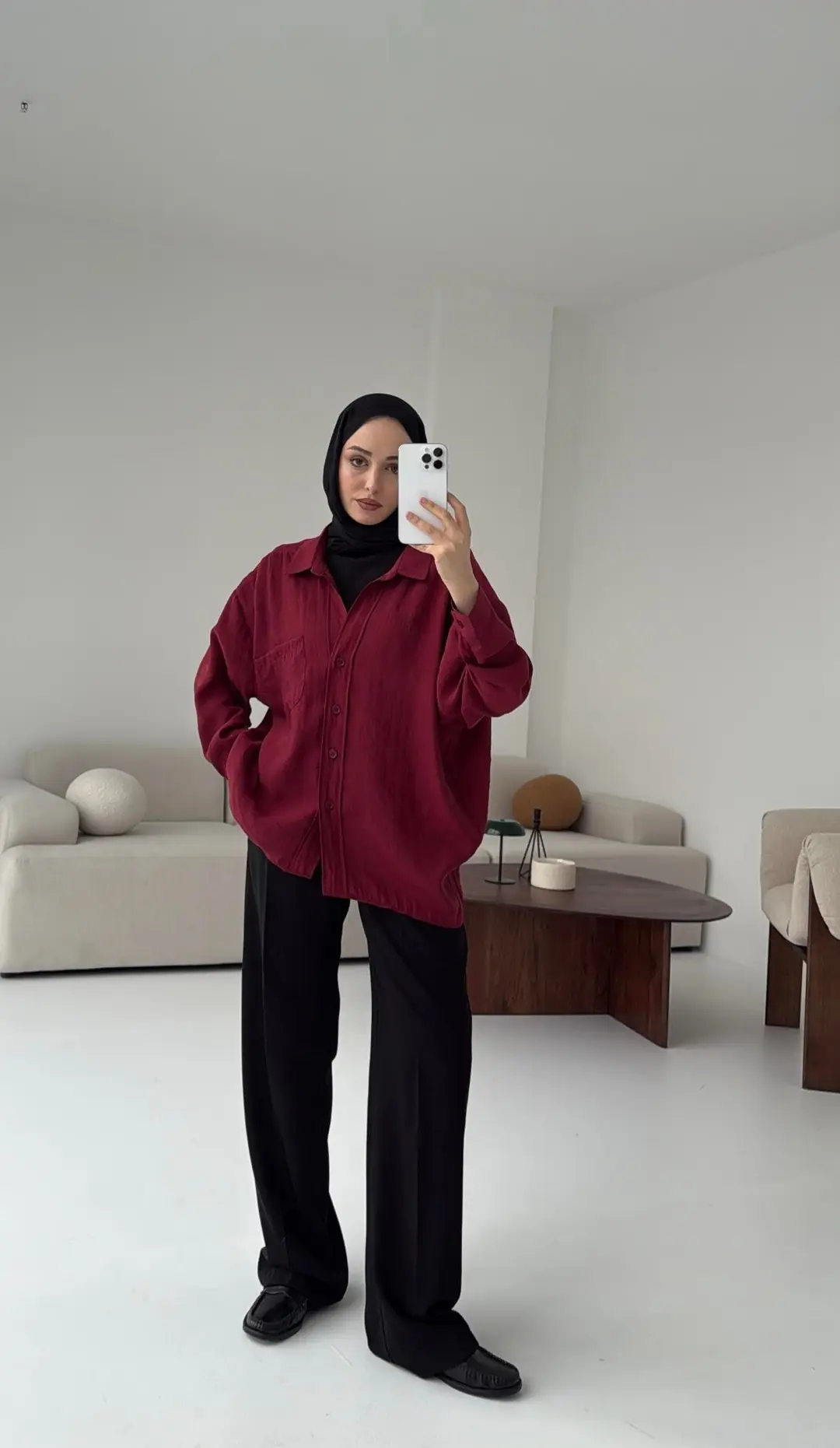 Düşük Omuz Oversize Gömlek Bordo - Görsel 2