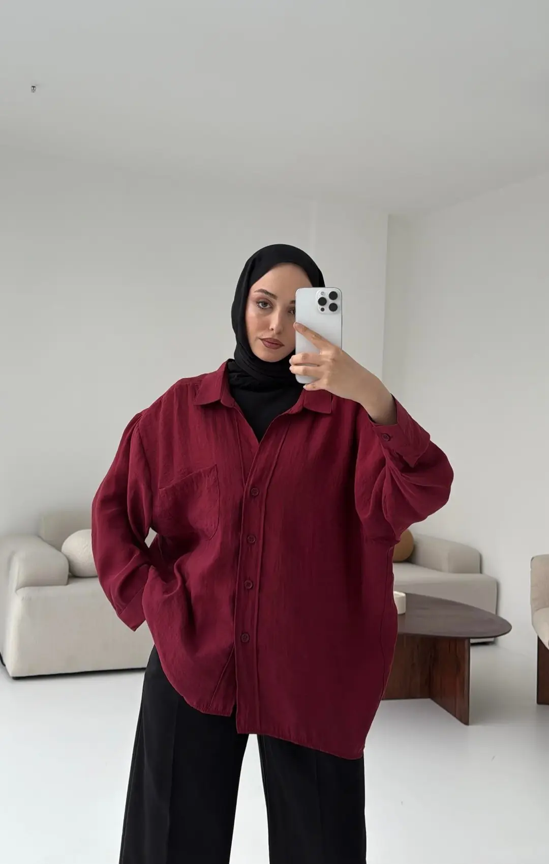 Düşük Omuz Oversize Gömlek Bordo - Görsel 3