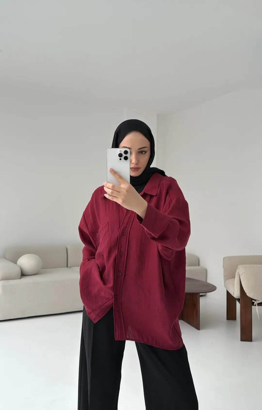 Düşük Omuz Oversize Gömlek Bordo - Görsel 4