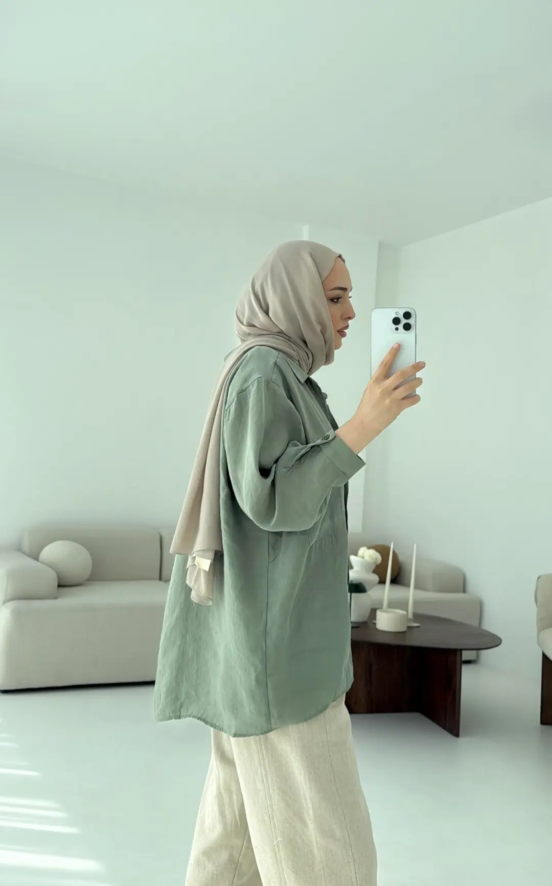 Düşük Omuz Oversize Gömlek Çağla - Görsel 2