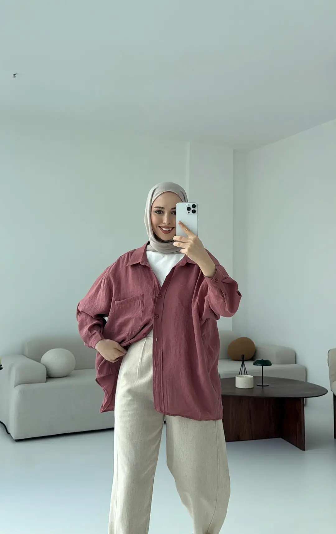 Düşük Omuz Oversize Gömlek Gül Kurusu - Görsel 3