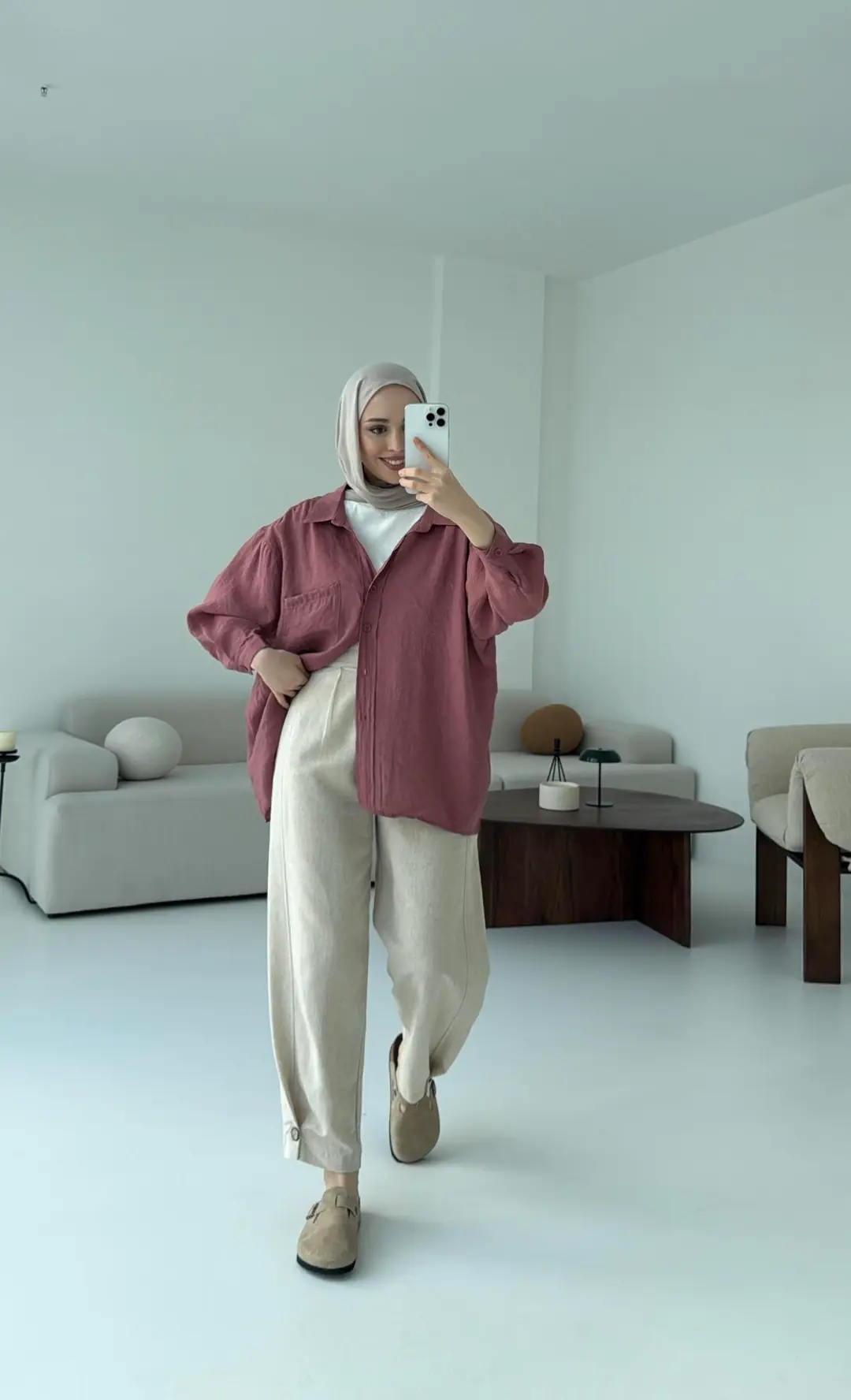 Düşük Omuz Oversize Gömlek Gül Kurusu - Görsel 4