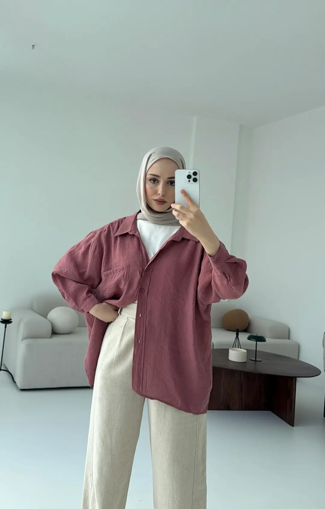 Düşük Omuz Oversize Gömlek Gül Kurusu - Görsel 5