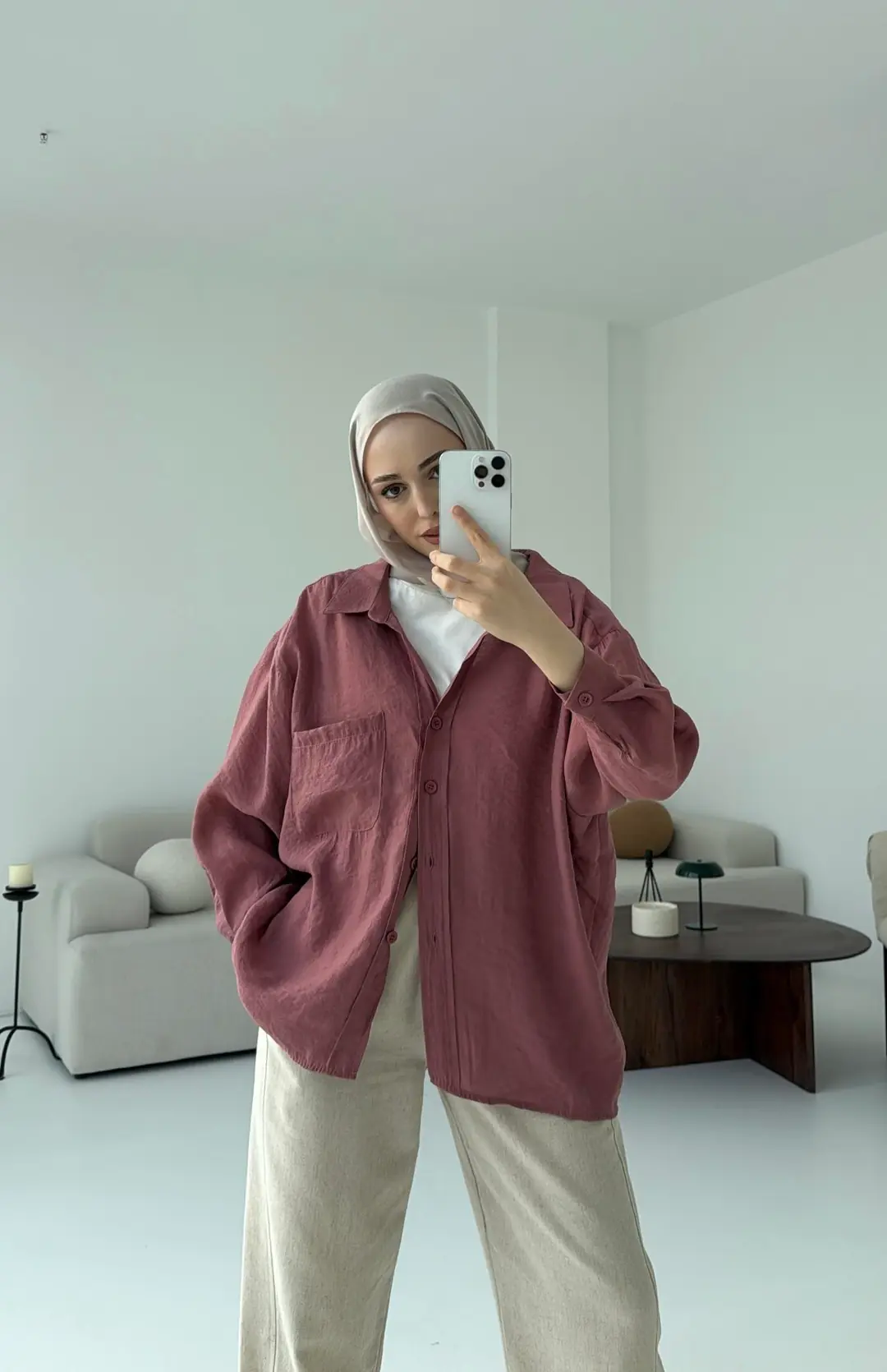 Düşük Omuz Oversize Gömlek Gül Kurusu - Görsel 6