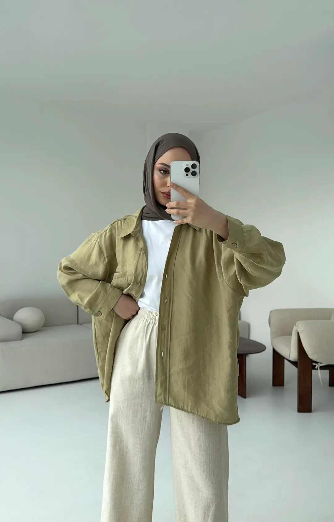 Düşük Omuz Oversize Gömlek Haki