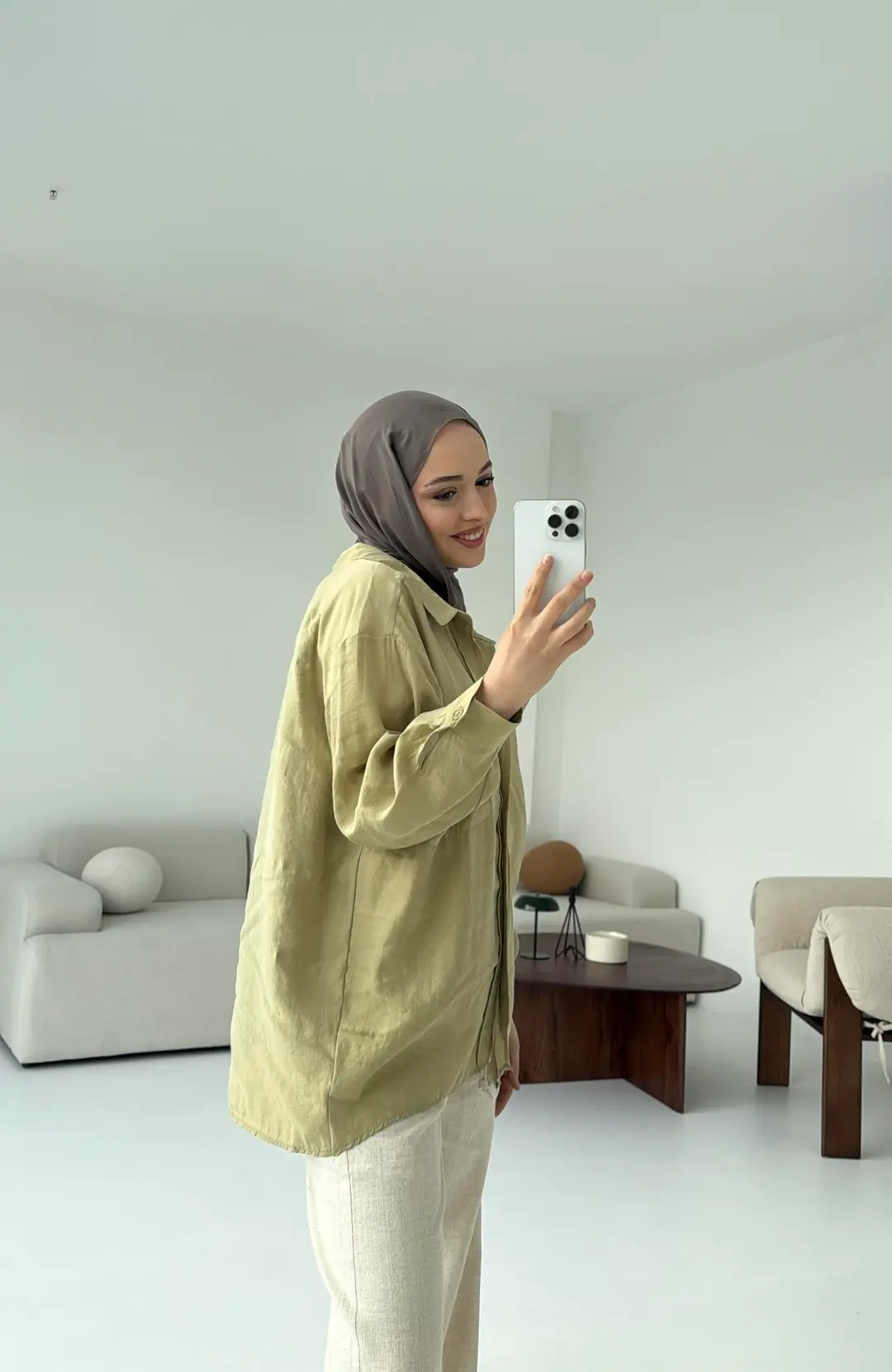 Düşük Omuz Oversize Gömlek Haki - Görsel 5