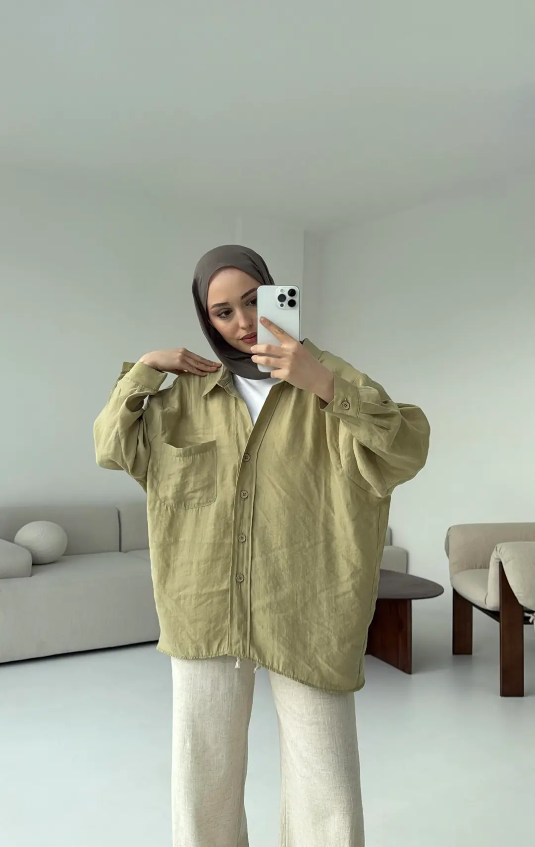 Düşük Omuz Oversize Gömlek Haki - Görsel 6