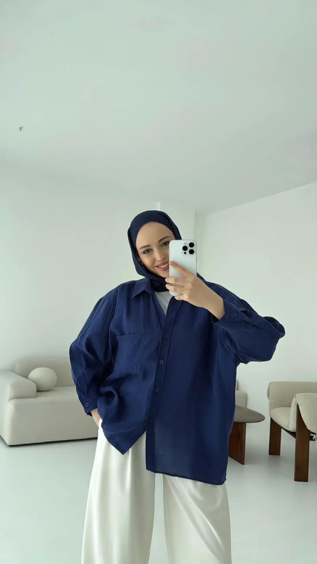 Düşük Omuz Oversize Gömlek Lacivert - Görsel 5