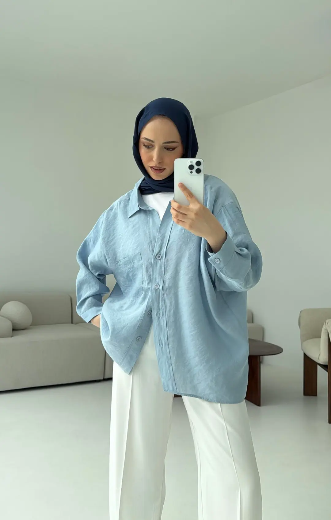 Düşük Omuz Oversize Gömlek Mavi - Görsel 2