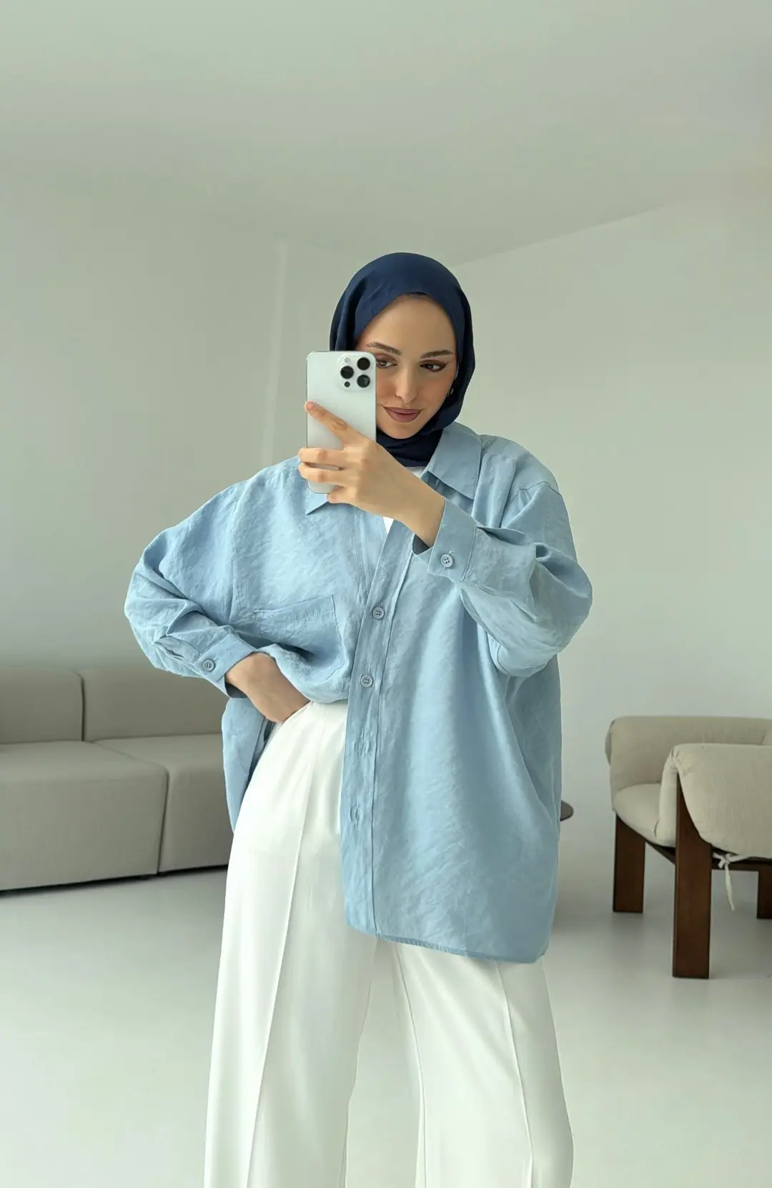 Düşük Omuz Oversize Gömlek Mavi - Görsel 3