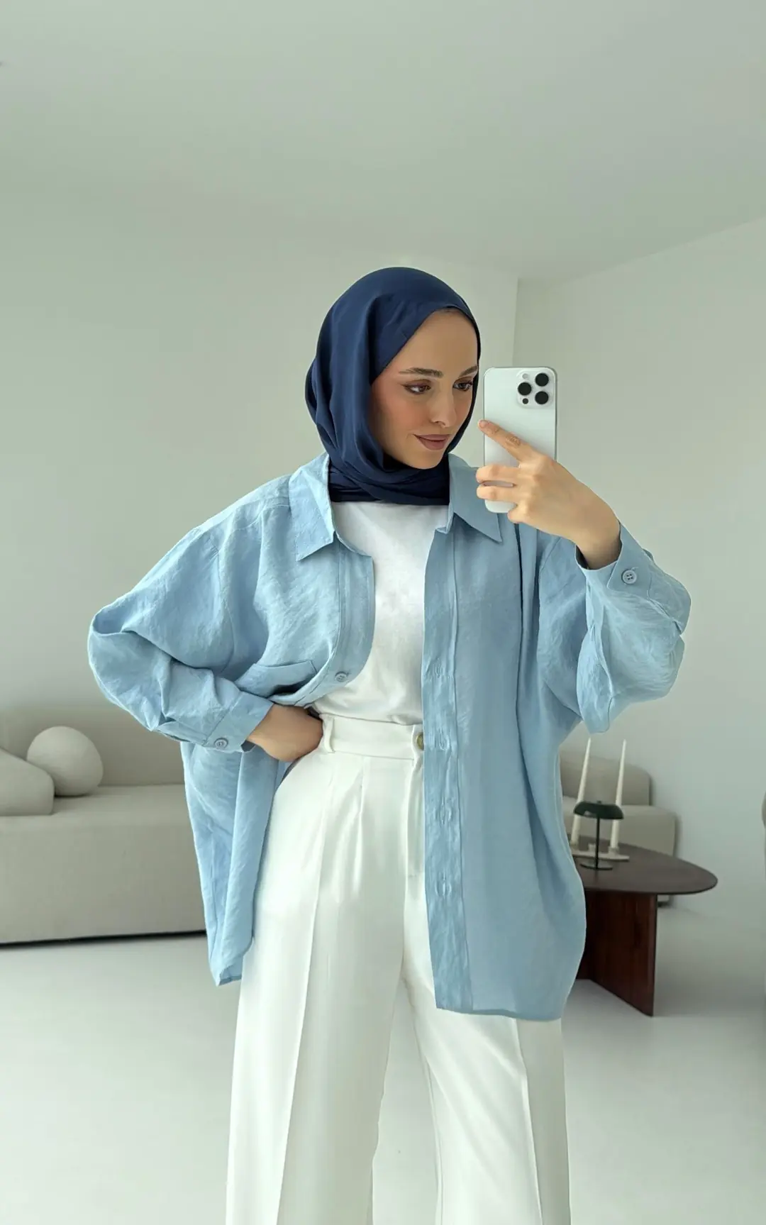 Düşük Omuz Oversize Gömlek Mavi - Görsel 4