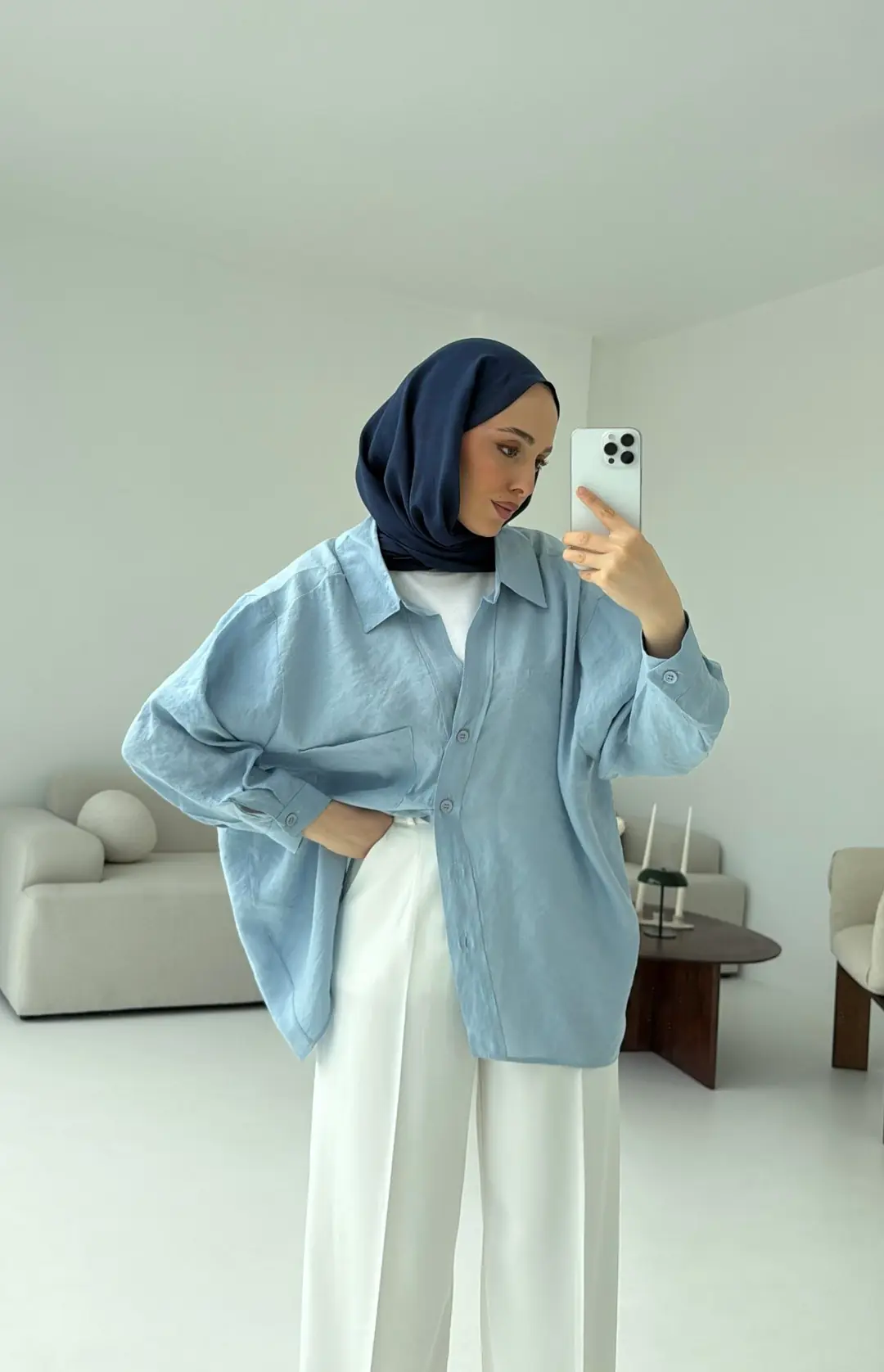 Düşük Omuz Oversize Gömlek Mavi - Görsel 5