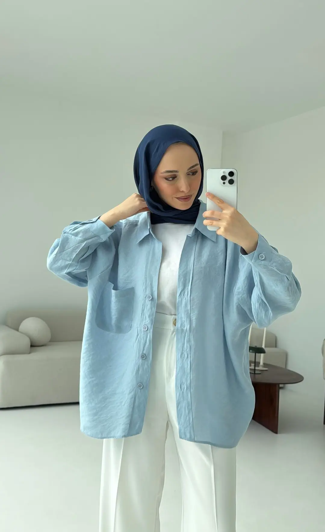 Düşük Omuz Oversize Gömlek Mavi - Görsel 6