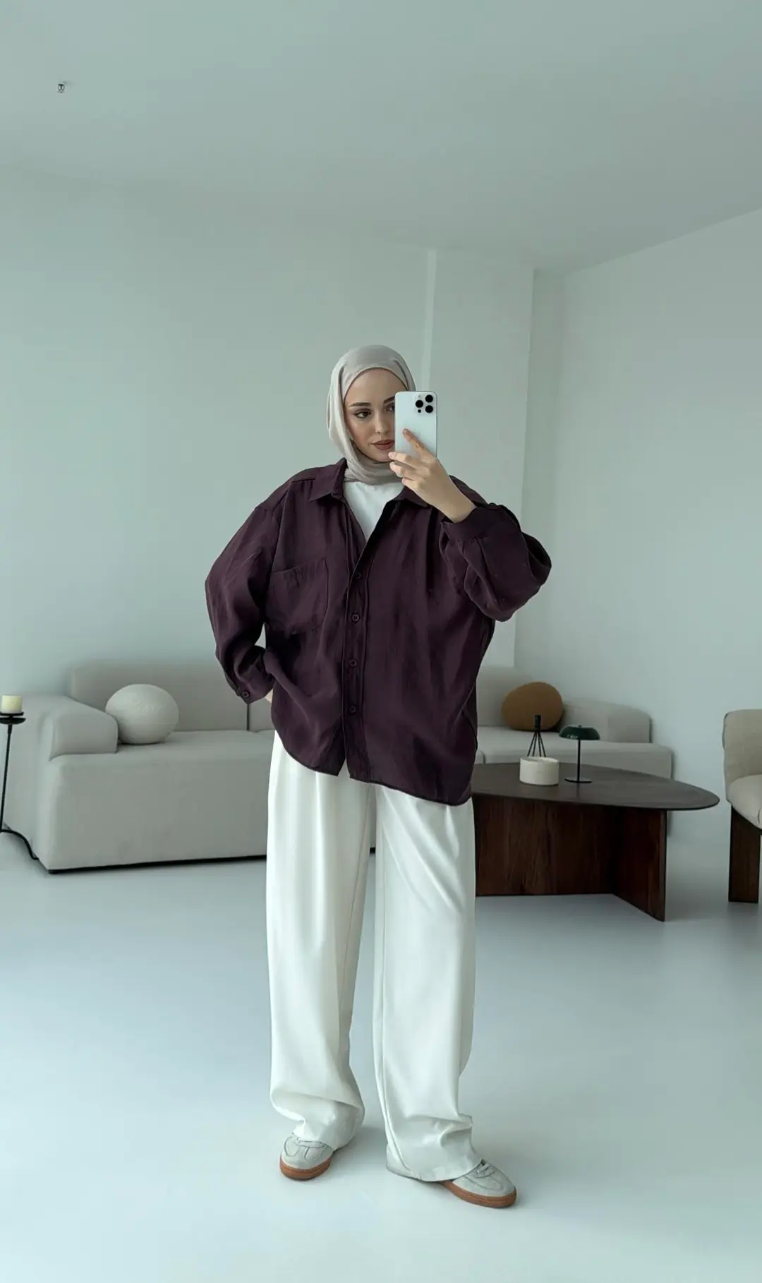 Düşük Omuz Oversize Gömlek Mürdüm - Görsel 5