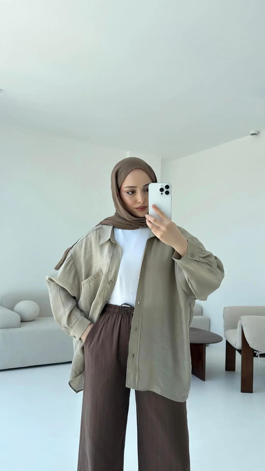 Düşük Omuz Oversize Gömlek Olive - Görsel 4