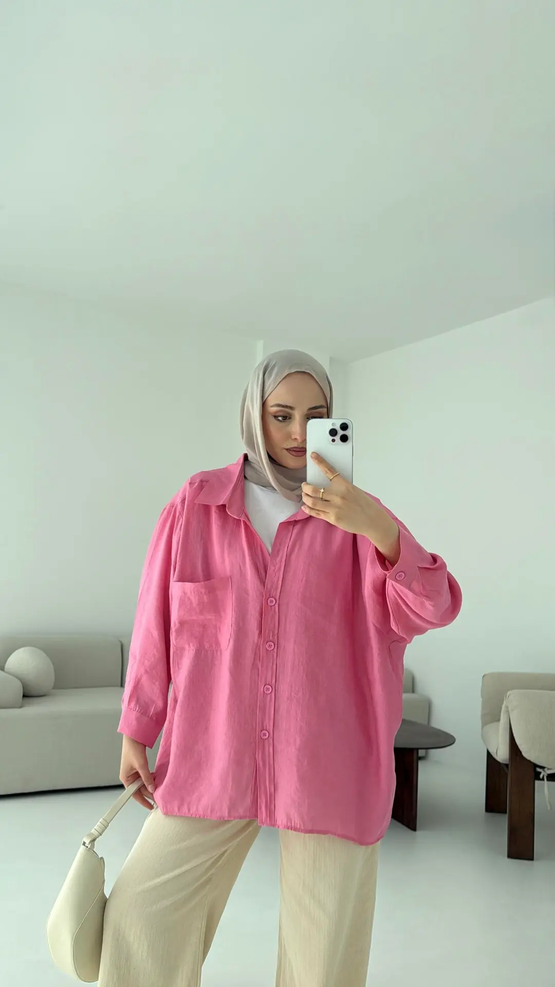 Düşük Omuz Oversize Gömlek Pembe - Görsel 2