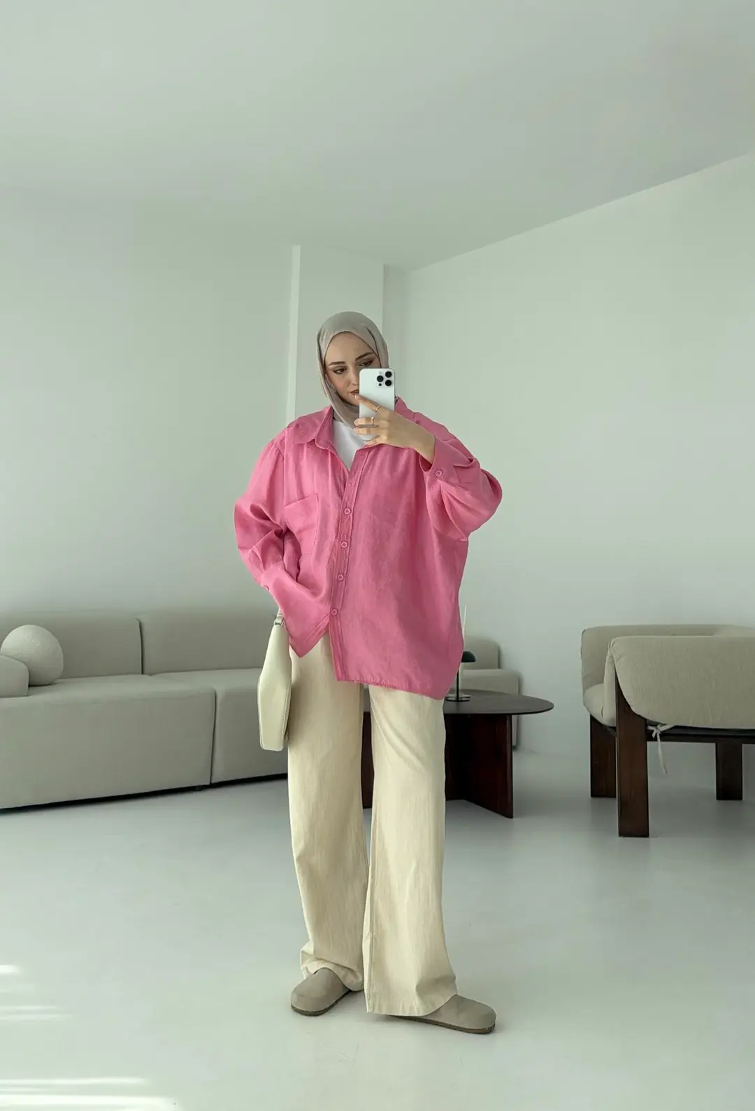 Düşük Omuz Oversize Gömlek Pembe - Görsel 4