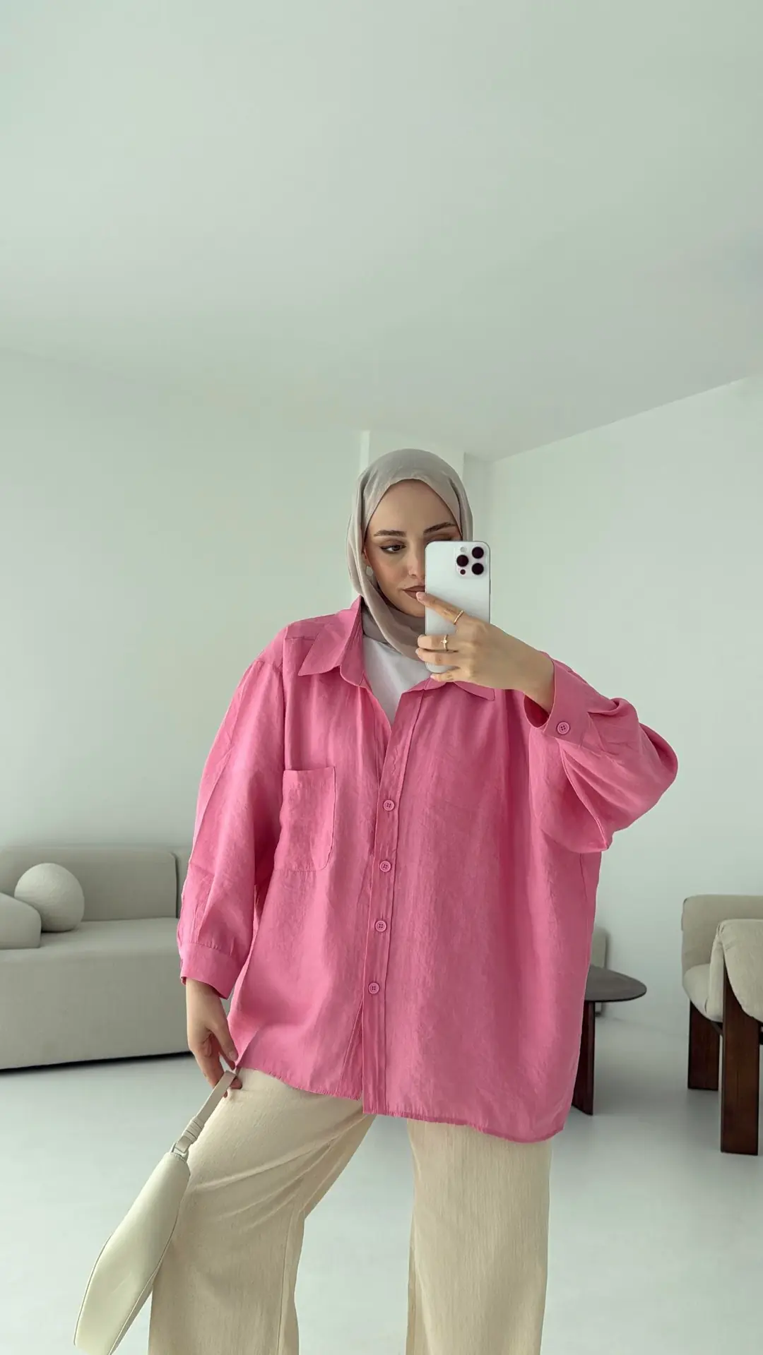 Düşük Omuz Oversize Gömlek Pembe - Görsel 5