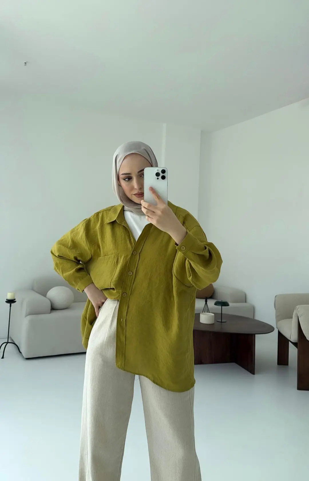 Düşük Omuz Oversize Gömlek Yağ Yeşili