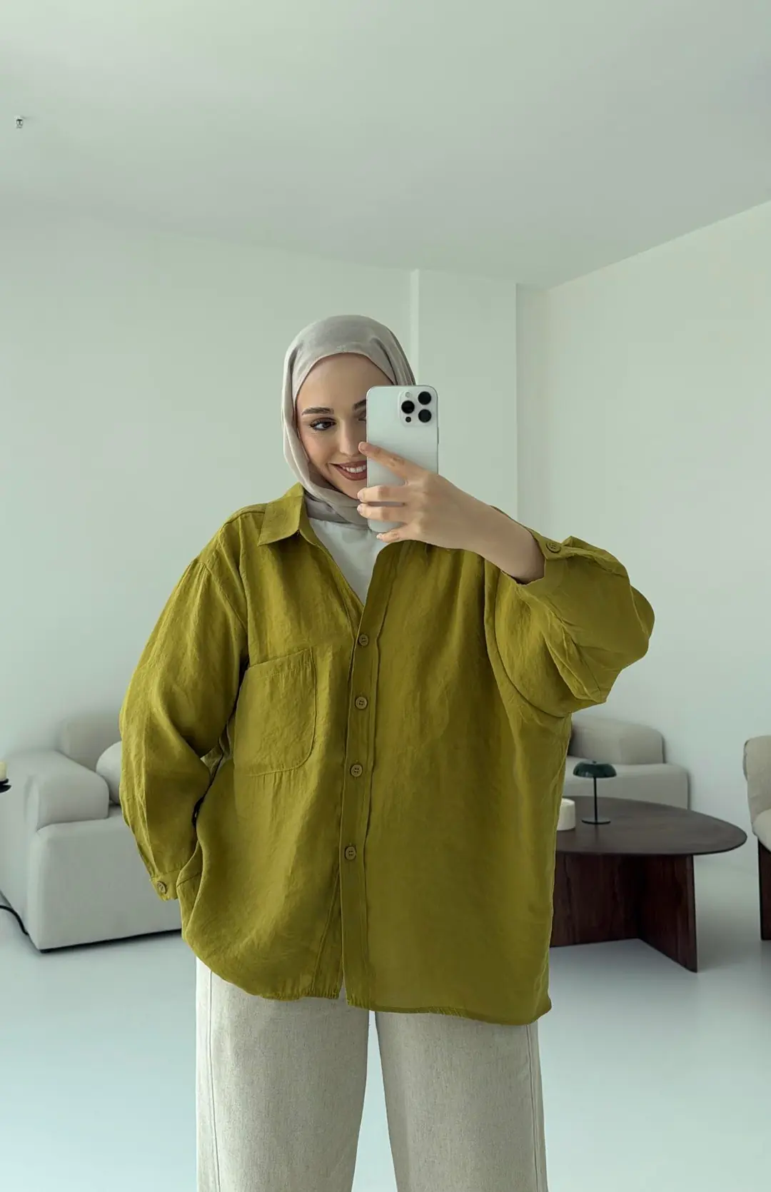 Düşük Omuz Oversize Gömlek Yağ Yeşili - Görsel 2