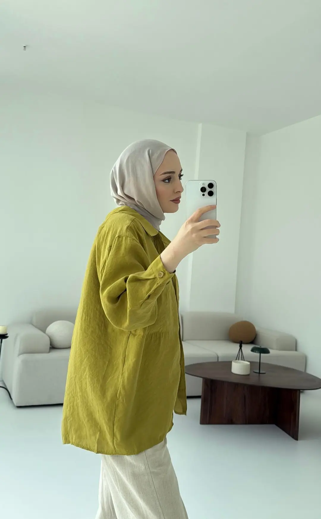 Düşük Omuz Oversize Gömlek Yağ Yeşili - Görsel 4