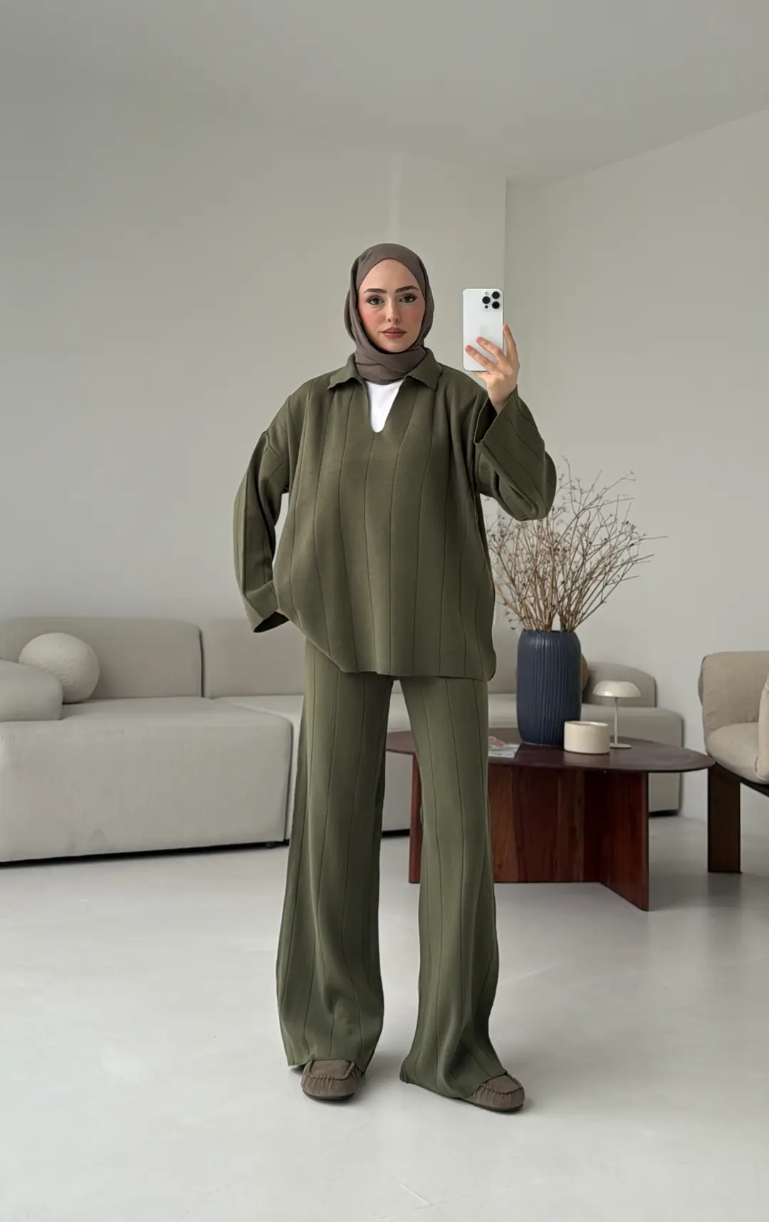 Düz Fitilli Triko Takım Haki - Görsel 5