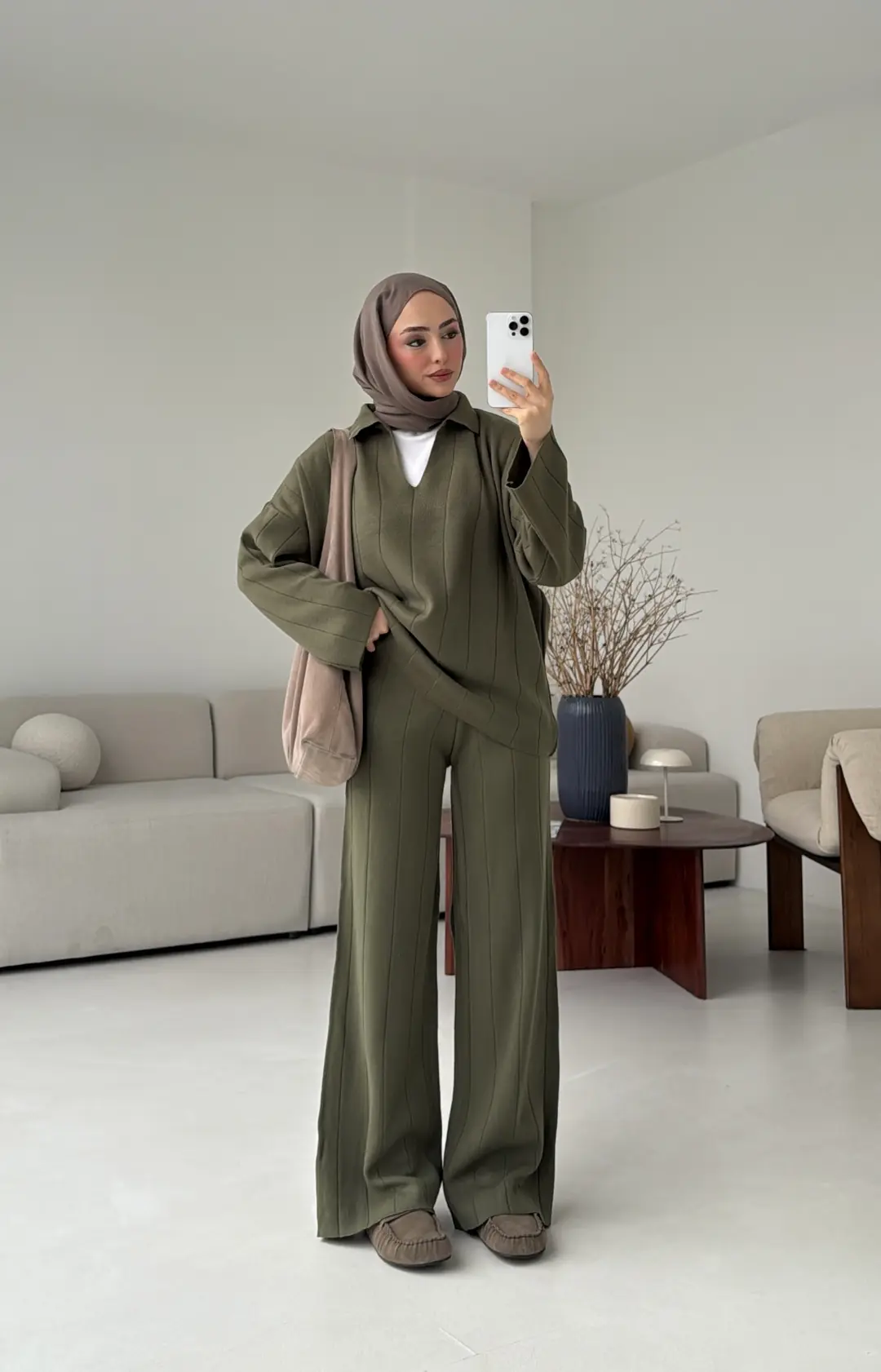 Düz Fitilli Triko Takım Haki - Görsel 7