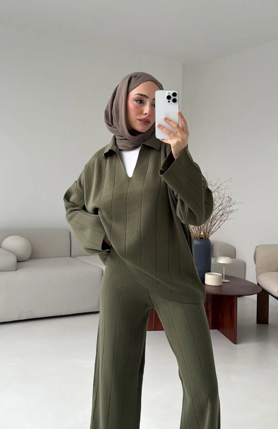 Düz Fitilli Triko Takım Haki - Görsel 9