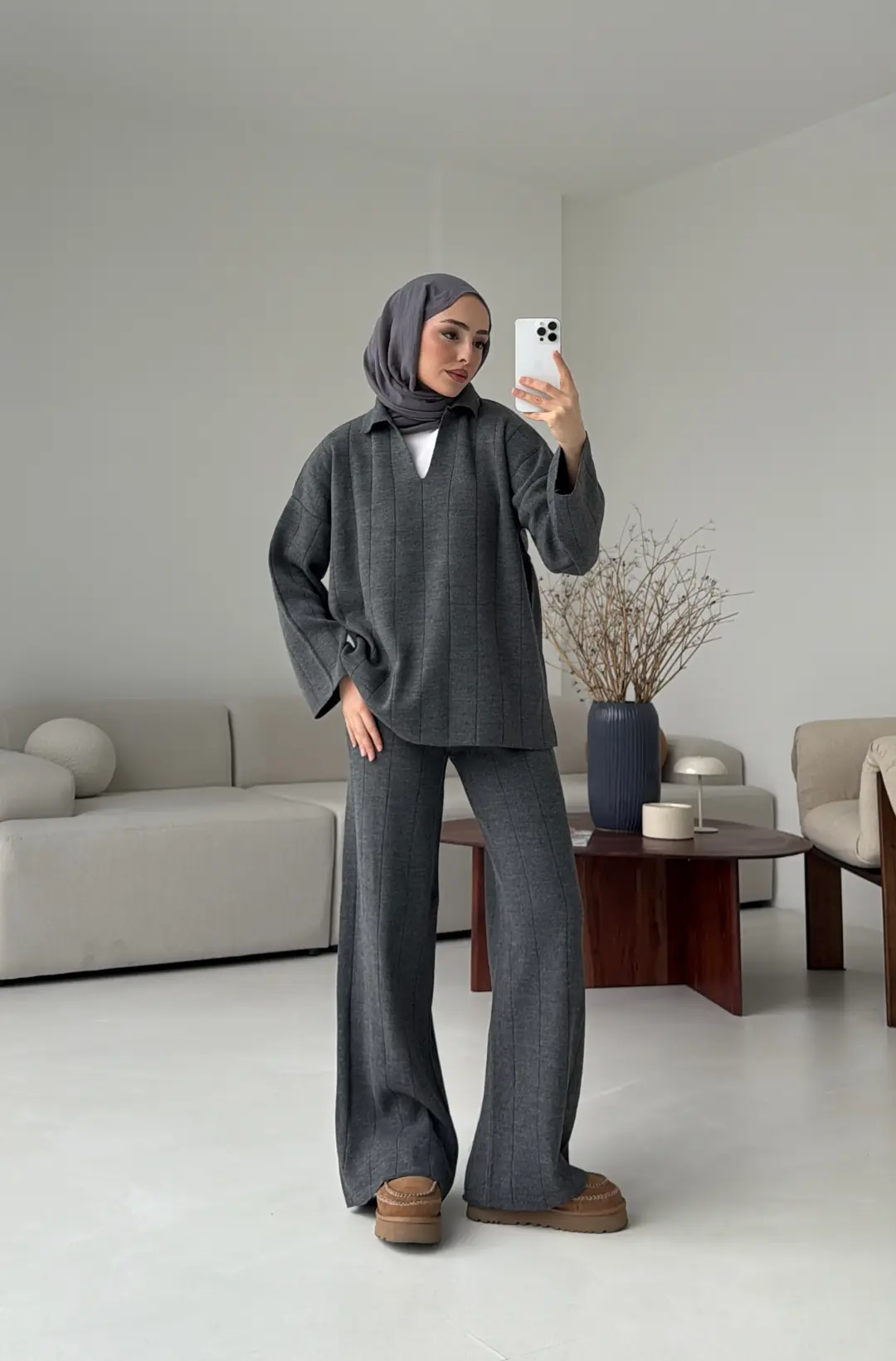 Düz Fitilli Triko Takım Koyu Gri