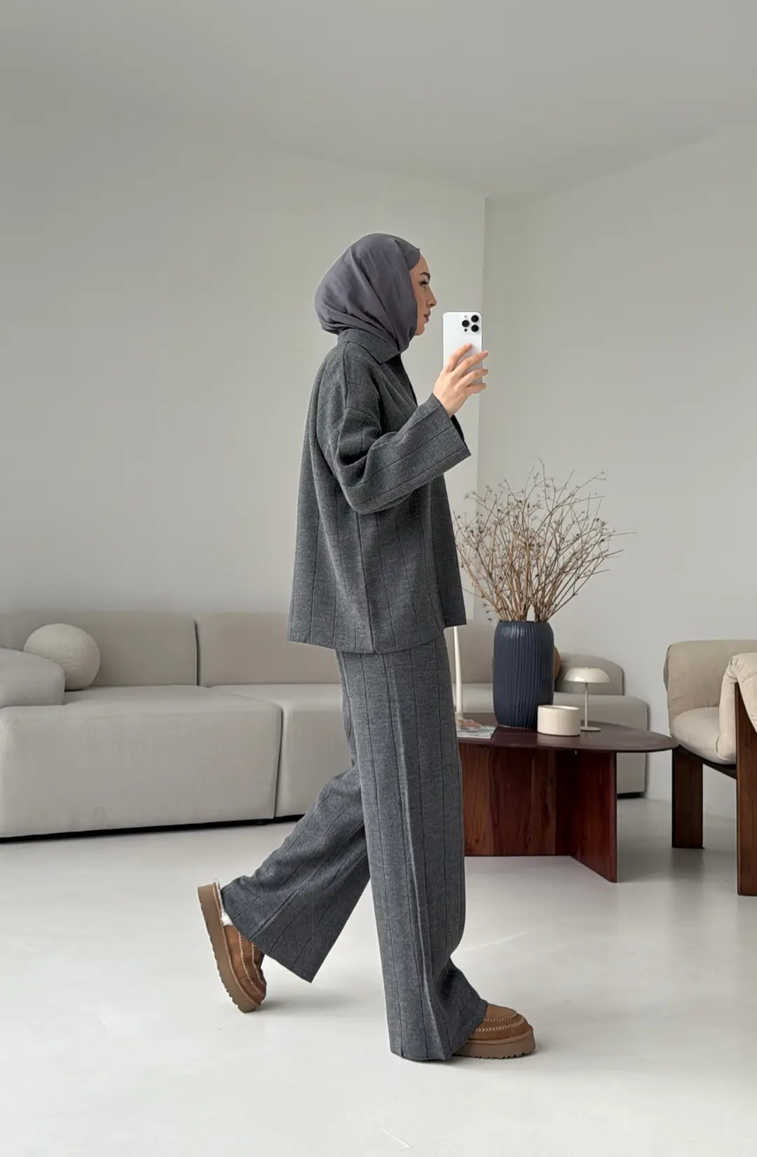 Düz Fitilli Triko Takım Koyu Gri - Görsel 2