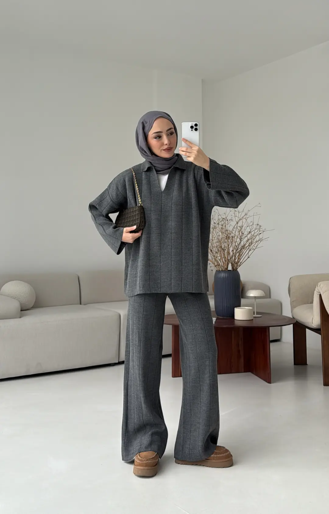 Düz Fitilli Triko Takım Koyu Gri - Görsel 4