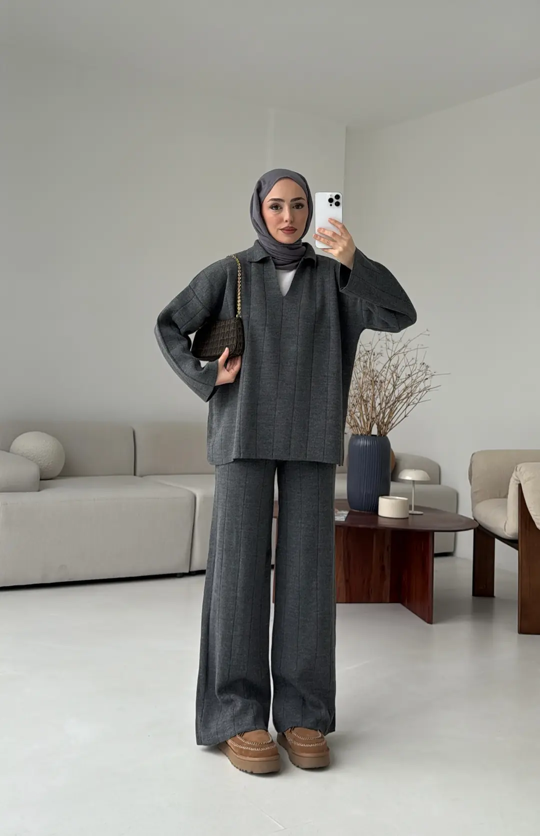 Düz Fitilli Triko Takım Koyu Gri - Görsel 6