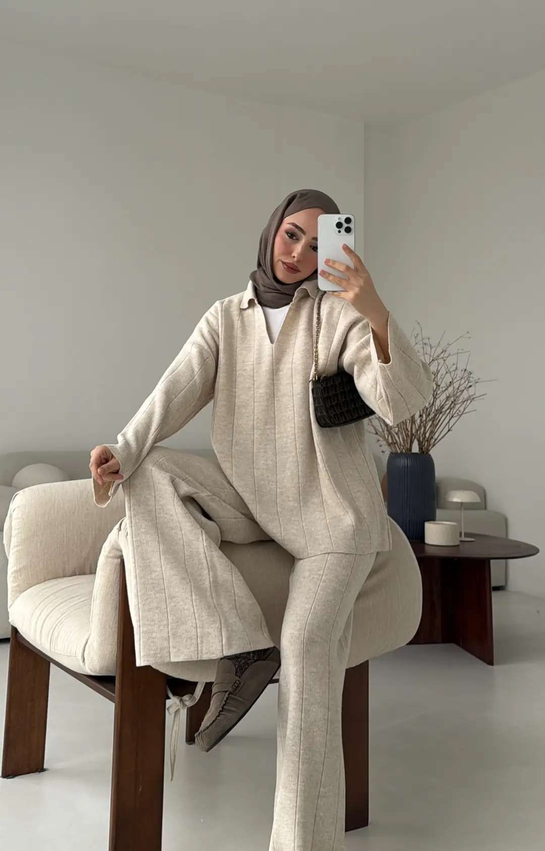 Düz Fitilli Triko Takım Krem Bej