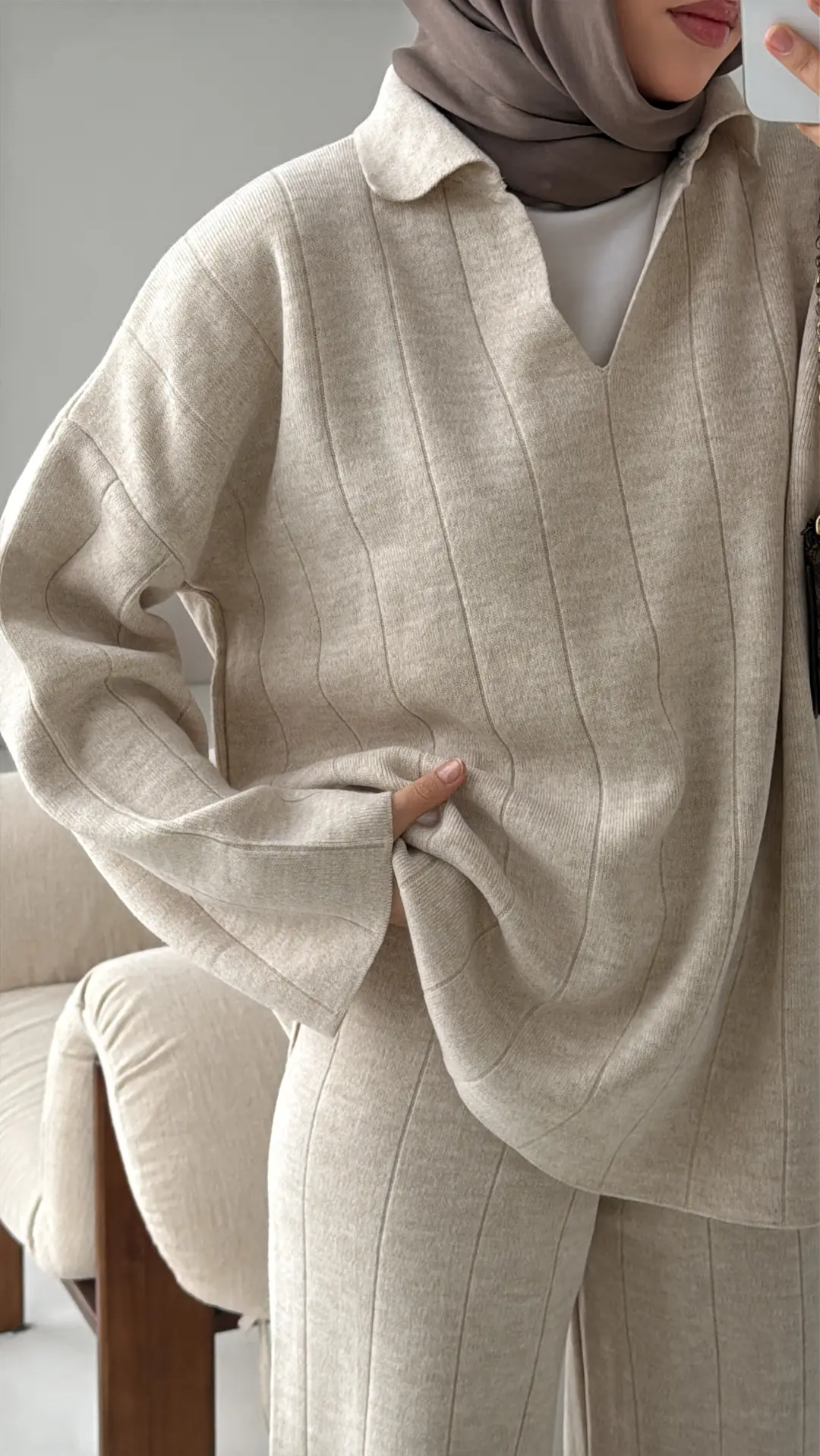 Düz Fitilli Triko Takım Krem Bej - Görsel 3