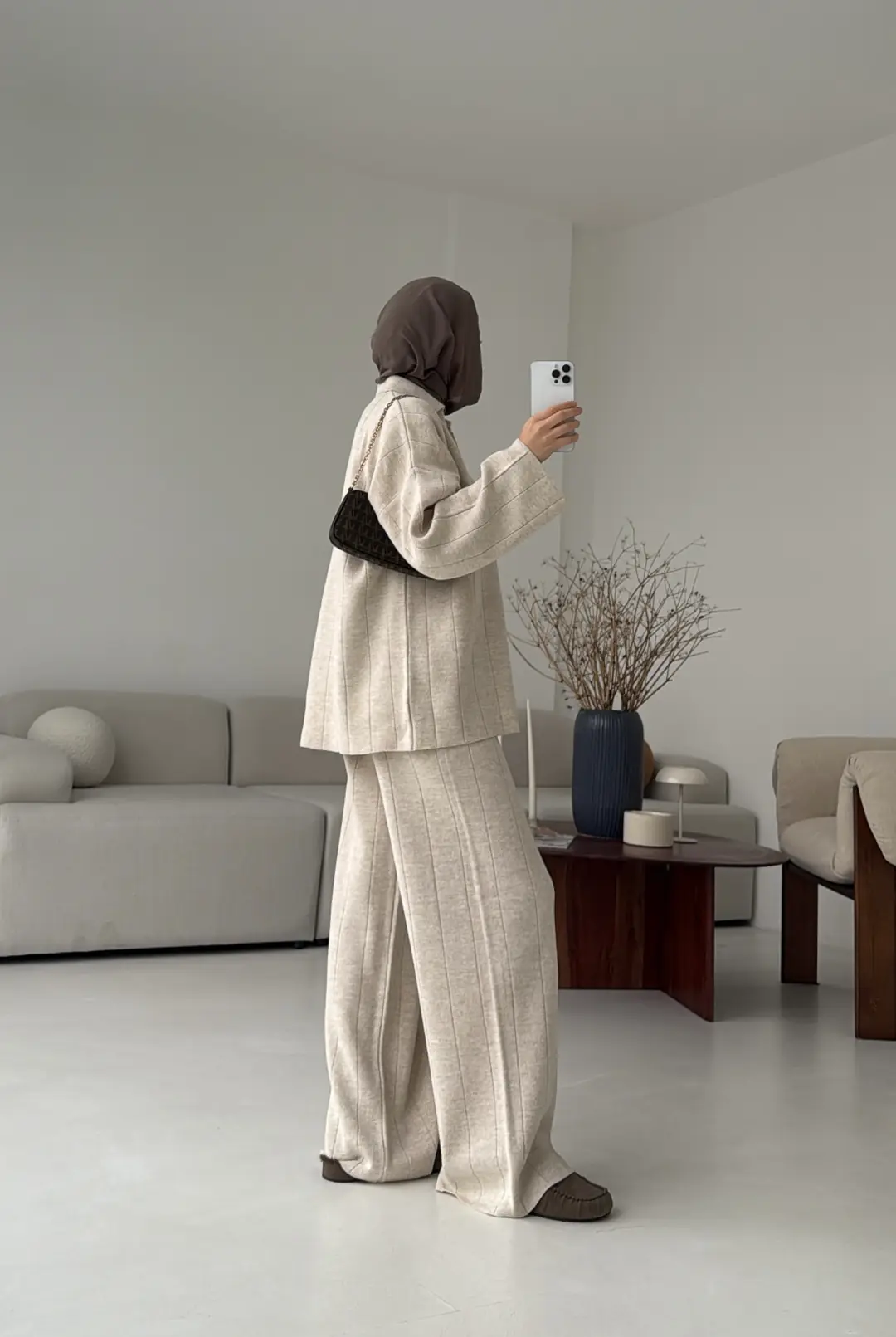 Düz Fitilli Triko Takım Krem Bej - Görsel 4