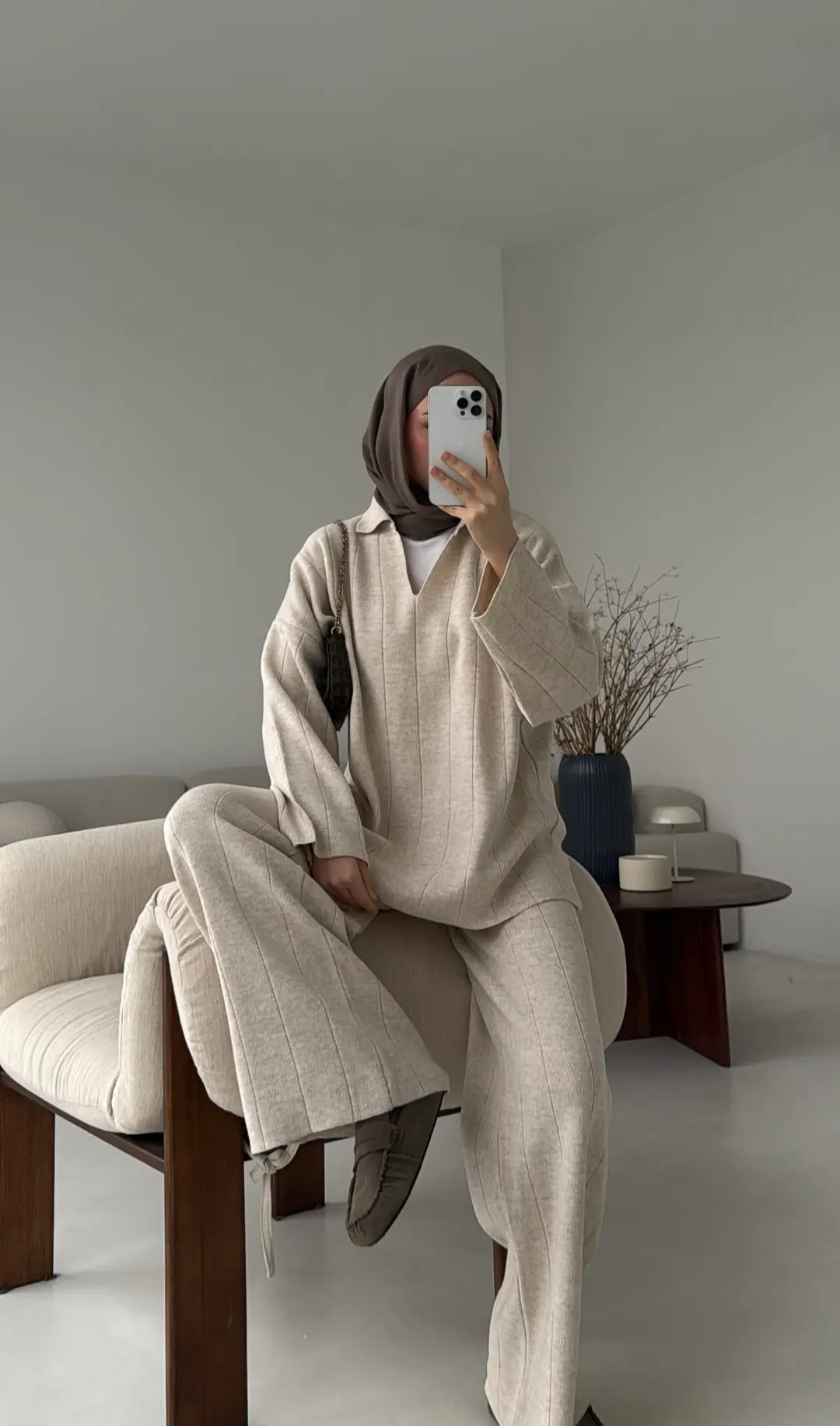 Düz Fitilli Triko Takım Krem Bej - Görsel 6