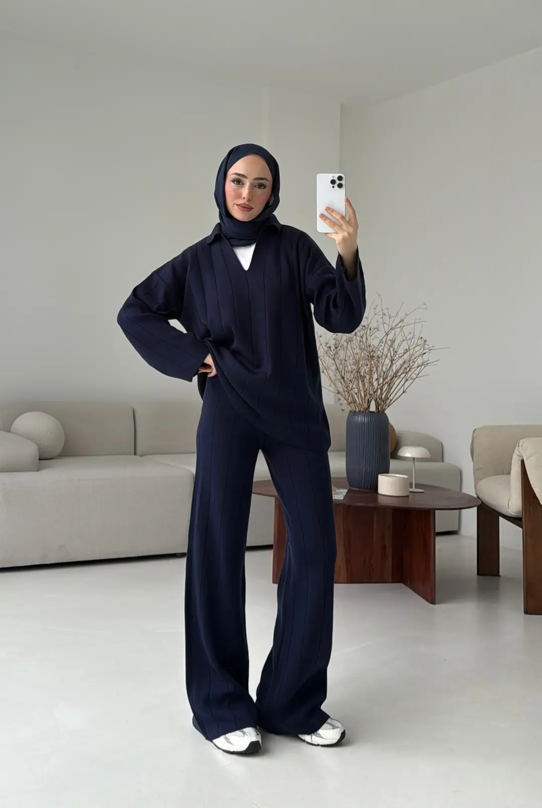 Düz Fitilli Triko Takım Lacivert - Görsel 3