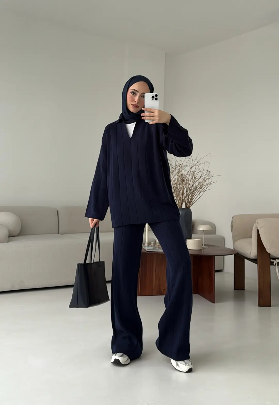 Düz Fitilli Triko Takım Lacivert - Görsel 6