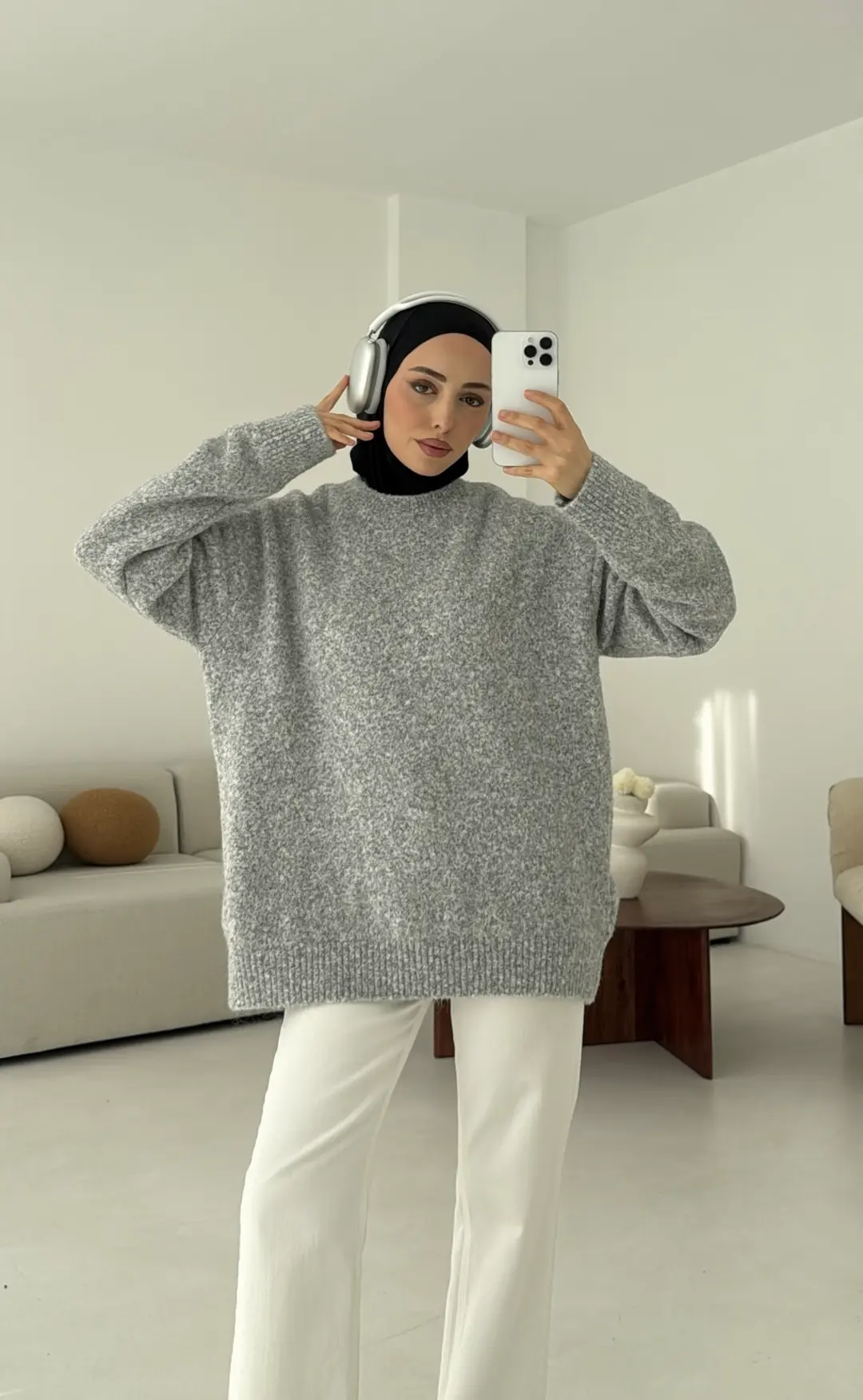 Düz Triko Kazak Gri - Görsel 7