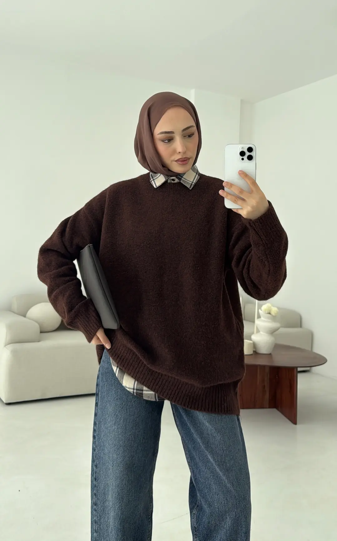 Düz Triko Kazak Kahve - Görsel 3