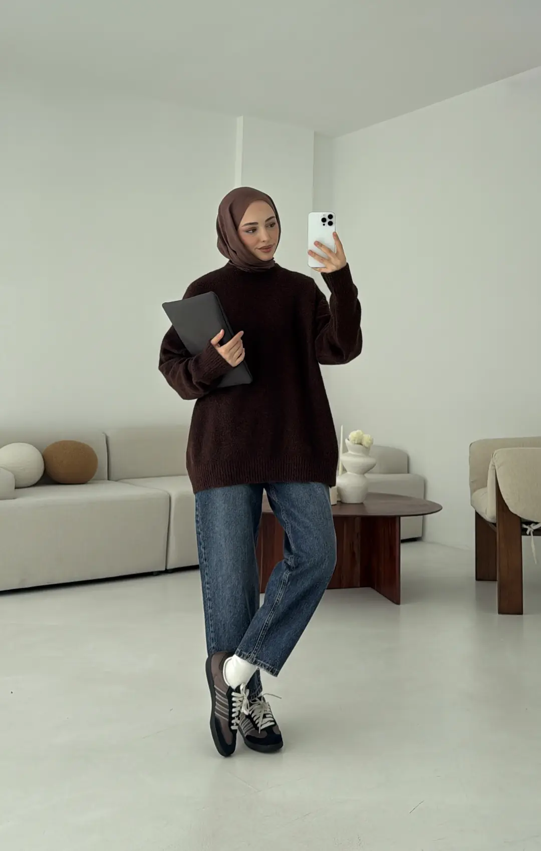 Düz Triko Kazak Kahve - Görsel 4