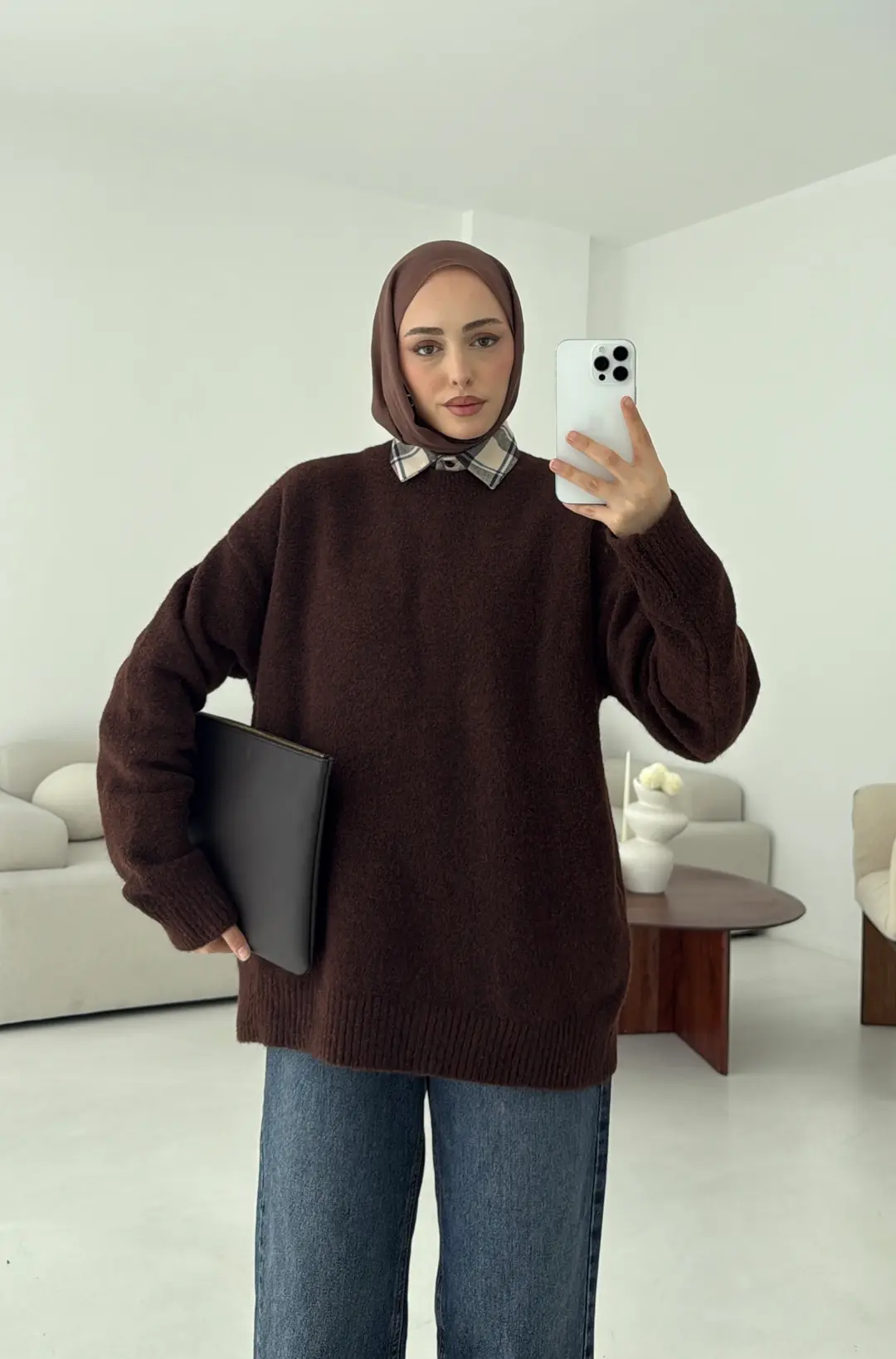 Düz Triko Kazak Kahve - Görsel 8