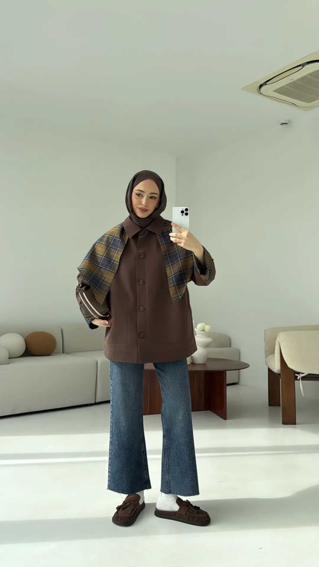 Ekose Garnili Trençkot Kahve - Görsel 4