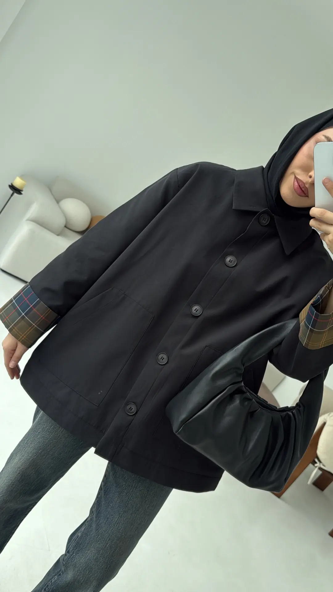 Ekose Garnili Trençkot Siyah